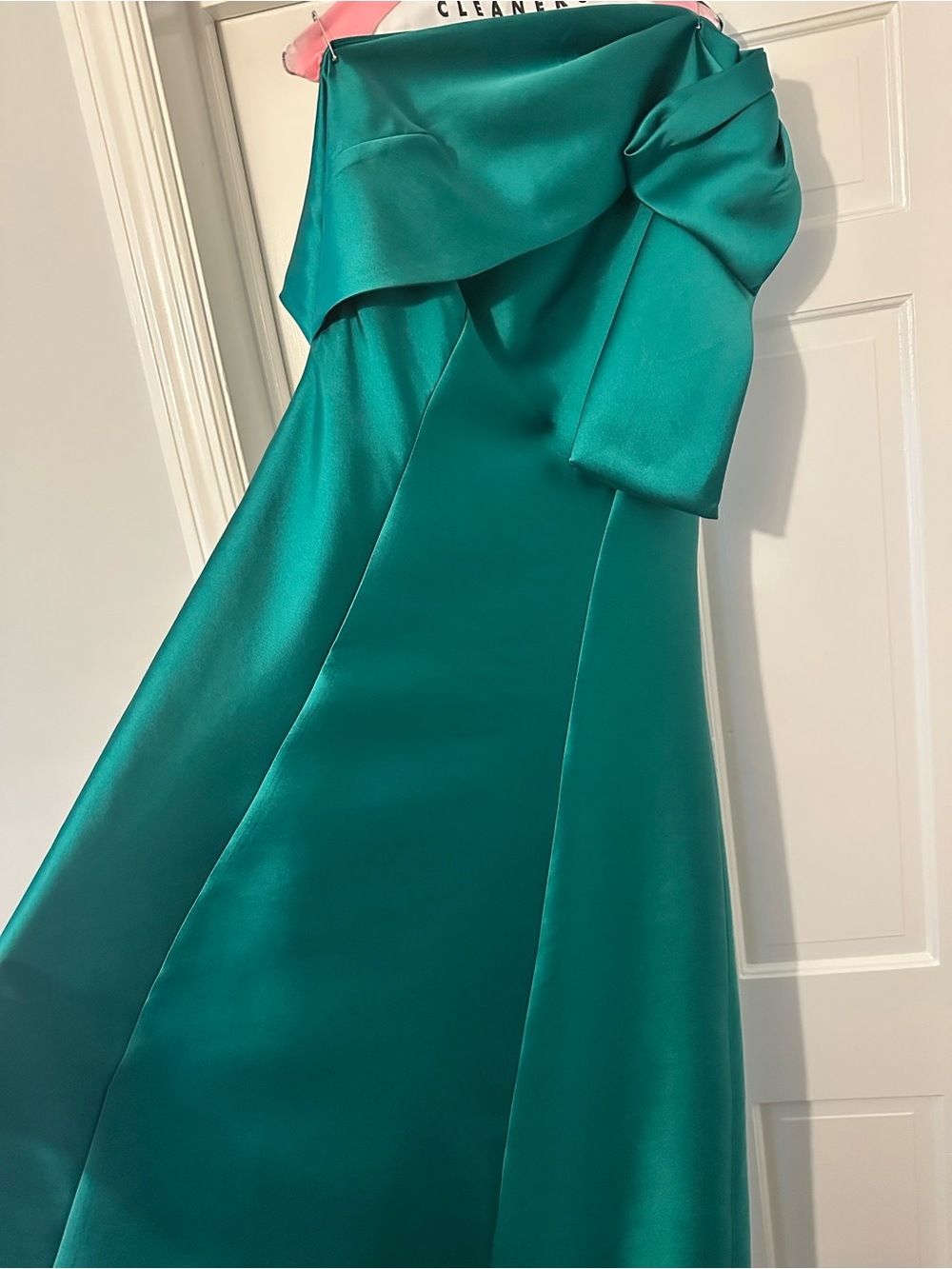 Aqua Emerald One-Shoulder Satin Gown with Shoulder Bow - Picture 3 of 6